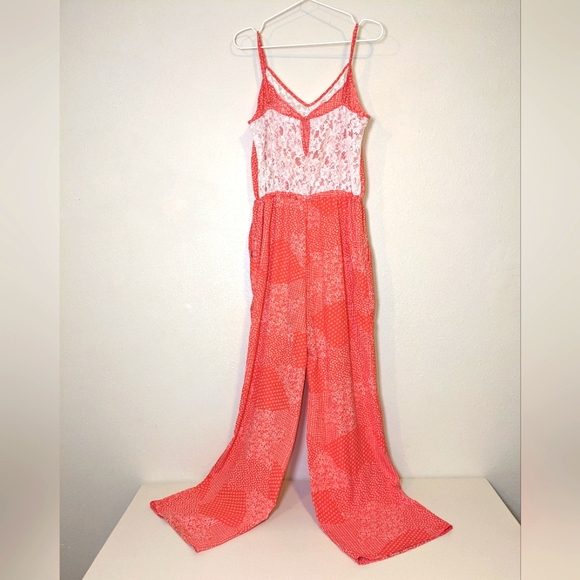 Andree by Unit Jumpsuit Large Coral & White lace back cinch waist romper - Picture 4 of 16